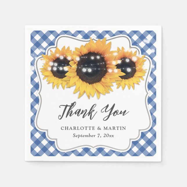 Servilleta De Papel Boda floral Blue Gingham Sunflower (Anverso)