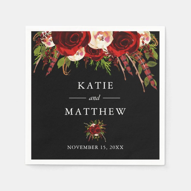 Servilleta De Papel Boda Floral Boho de Burgundy Negro (Anverso)