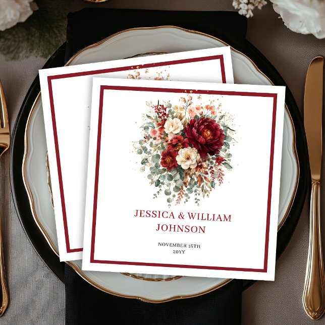 Servilleta De Papel Boda Floral Boho Eucalipto Rojo Profundo de Otoño  (Autumn Deep Red Floral Boho Eucalyptus Wedding Napkins

)