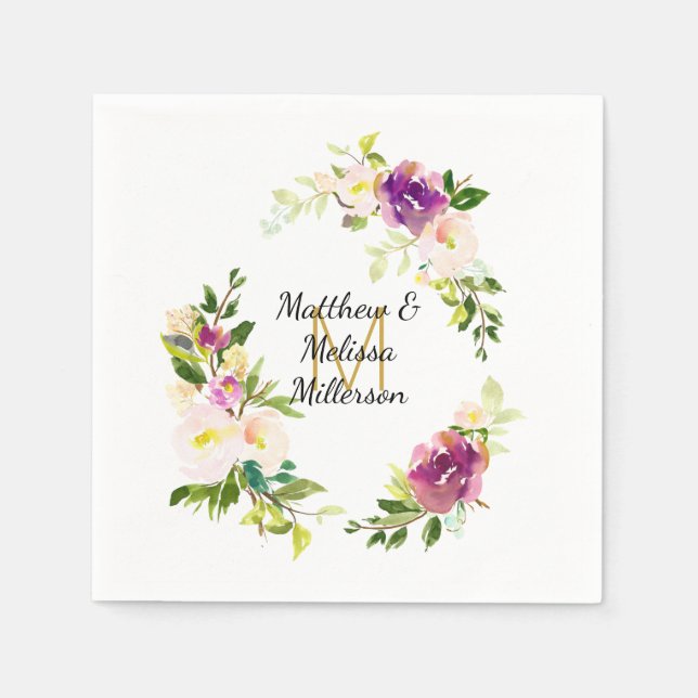 Servilleta De Papel Boda floral borgoña con acuarela rosa (Anverso)