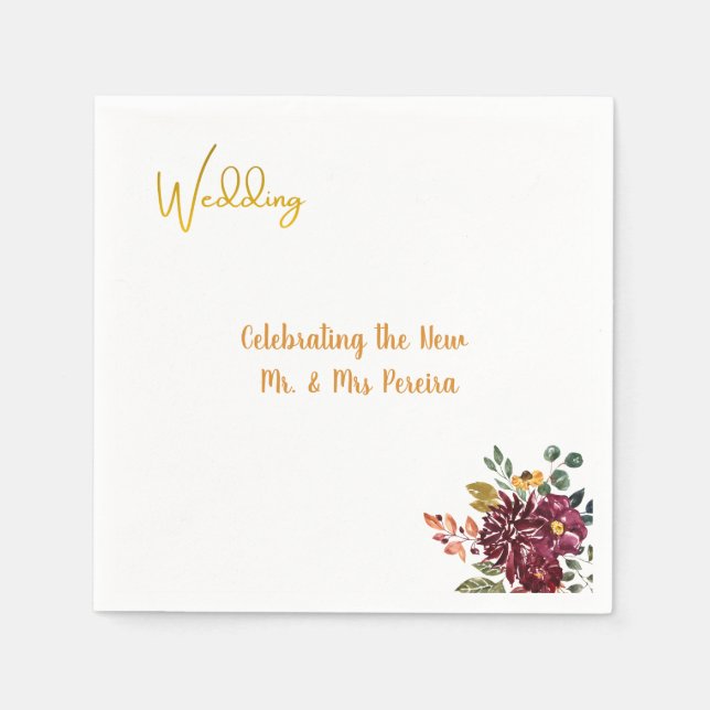 Servilleta De Papel Boda Floral Borgoña y Dorado con Letra (Anverso)
