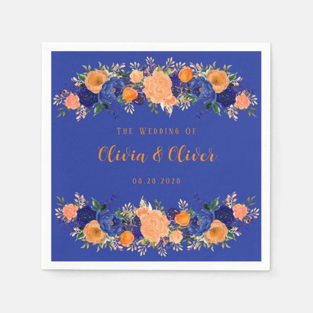 Servilleta De Papel Boda Floral Botánica Azul y Naranja de la Marina (Anverso)