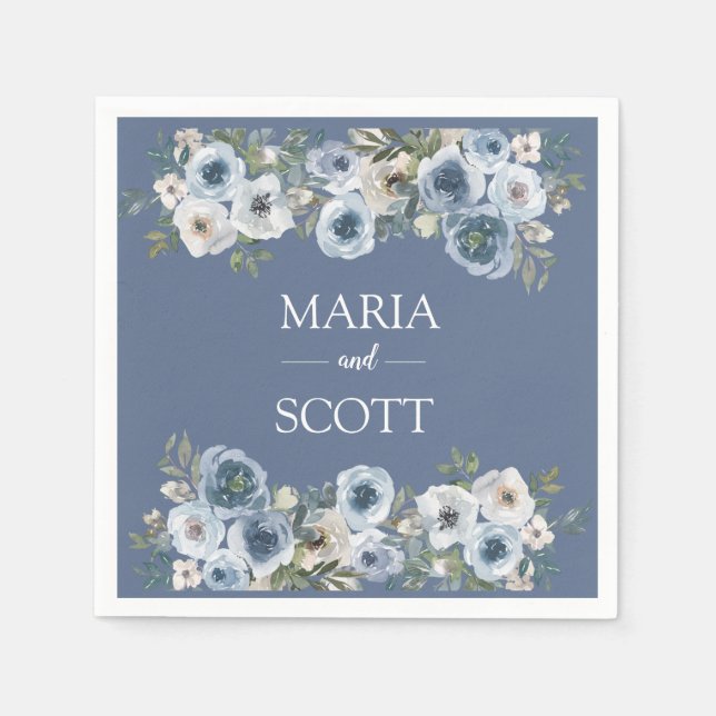 Servilleta De Papel Boda floral botánica en azul polvoriento y gris   (Anverso)