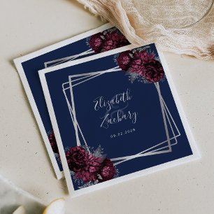 Servilleta De Papel Boda Floral Burgundy Geométrico Azul Marino Plata