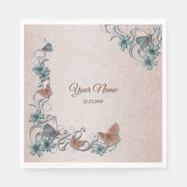 Servilleta De Papel Boda Floral Cobre Mariposa Tan Plata Verde