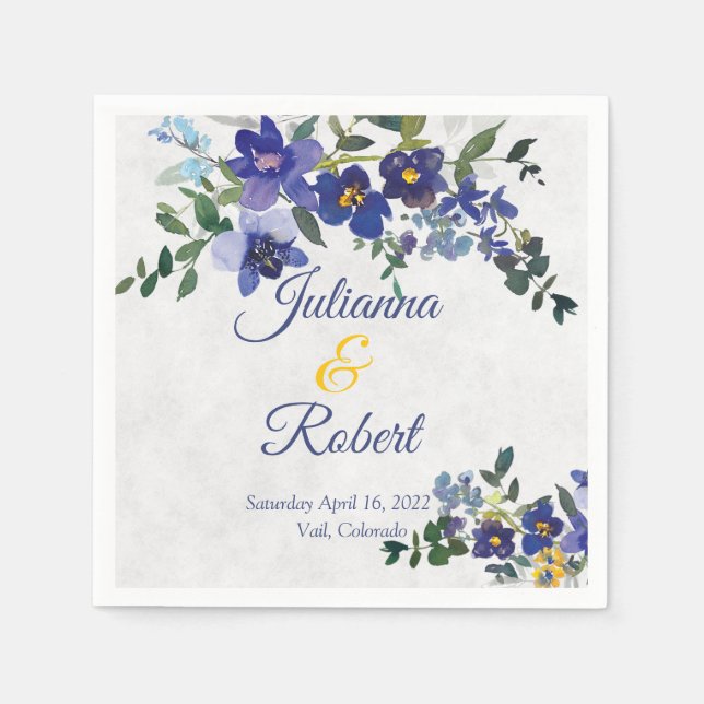 Servilleta De Papel Boda floral de acuarela azul y amarillo (Anverso)