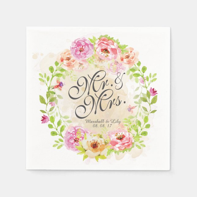 Servilleta De Papel Boda floral de acuarela personalizada | Napkin (Anverso)