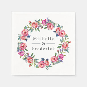 Servilleta De Papel Boda floral de acuarela rosa y púrpura