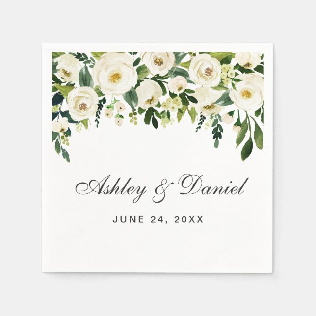 Servilleta De Papel Boda floral de acuarela verde y blanca (Anverso)
