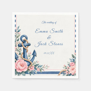 Servilleta De Papel Boda floral de ancla azul rosa náutico