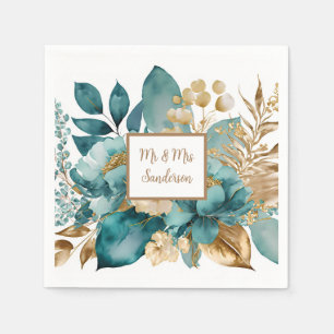 Servilleta De Papel Boda floral de azul verdoso y dorado