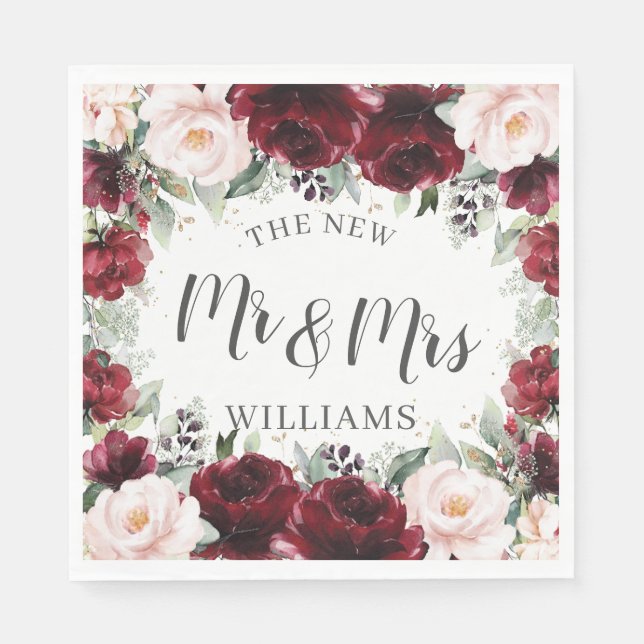 Servilleta De Papel Boda floral de Burgundy Blush Bridal Baby Shower  (Anverso)