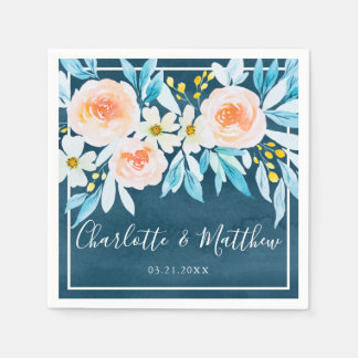 Servilleta De Papel Boda floral de color azul de la marina moderna