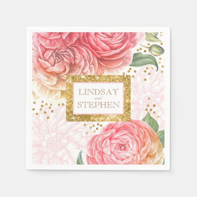 Servilleta De Papel Boda floral de cosmética dorada (Anverso)