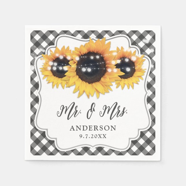 Servilleta De Papel Boda floral de girasol ruso de Gingham negra (Anverso)