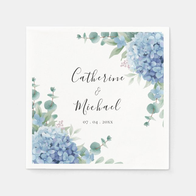 Servilleta De Papel Boda floral de Hortensia Azul  (Anverso)