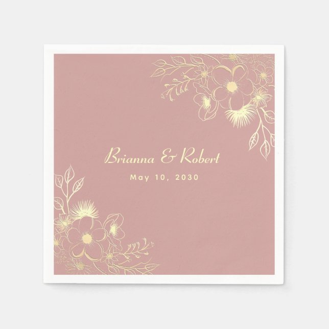 Servilleta De Papel Boda Floral de Rosa Polvorienta Dorada (Anverso)