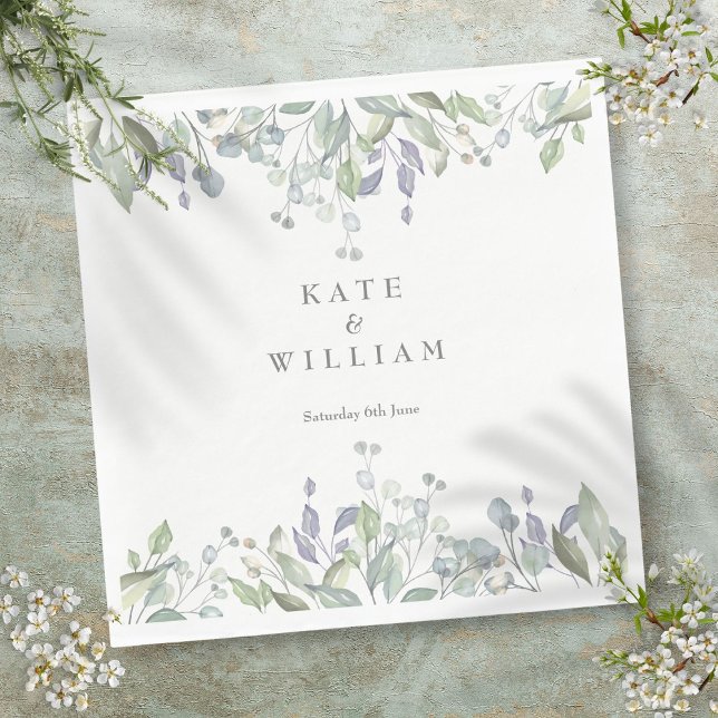 Servilleta De Papel Boda floral de salvia y lila en acuarela (Sage and Lilac Watercolor Greenery Floral Wedding Napkins)