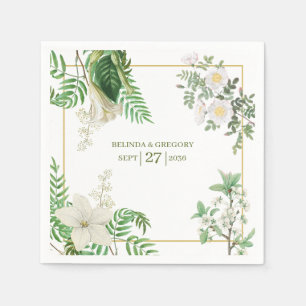 Servilleta De Papel Boda Floral Dorada Acuarela Blanca Rústica Verde 