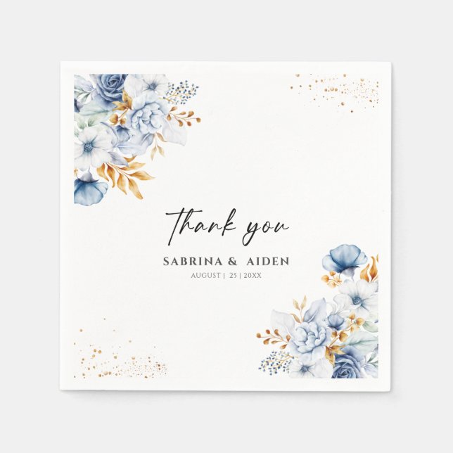 Servilleta De Papel Boda Floral Dusty Blue White Gold (Anverso)