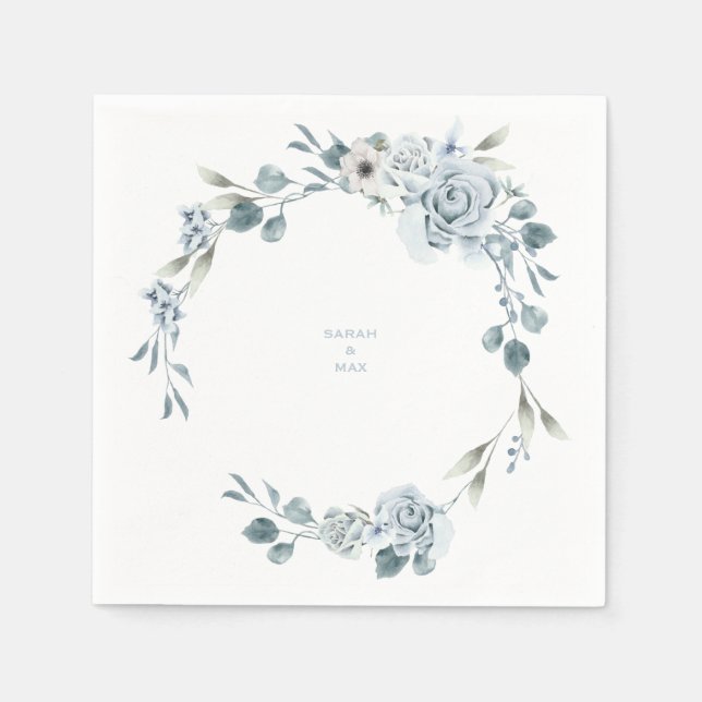 Servilleta De Papel Boda Floral Dusty Pareja Azul Nombres Napkins (Anverso)