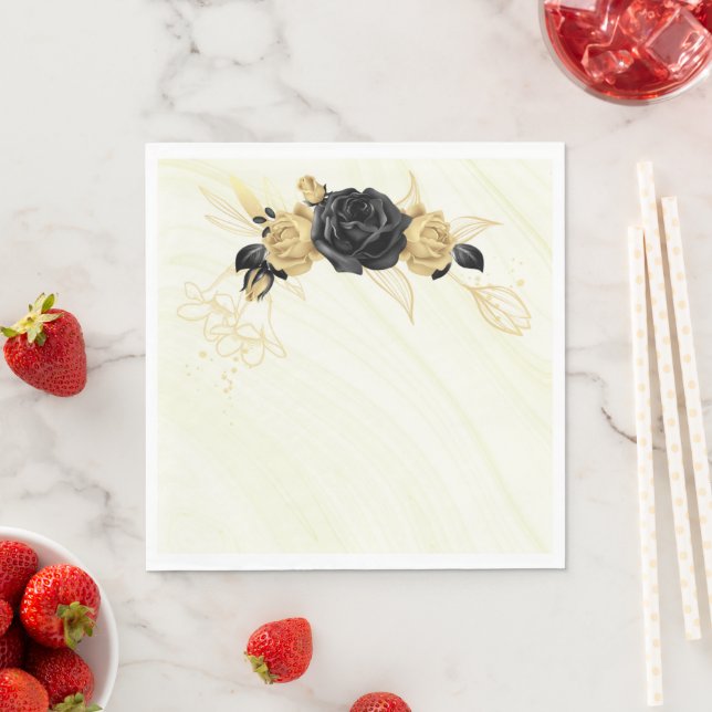Servilleta De Papel boda floral elegante de oro y negro (In situ)