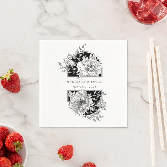 Servilleta De Papel Boda floral elegante en blanco y negro (In situ)