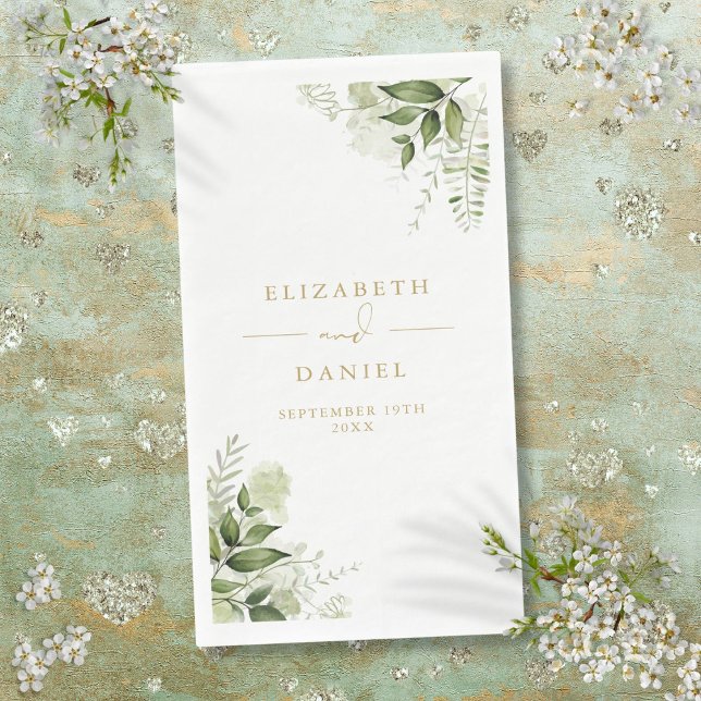 Servilleta De Papel Boda Floral Elegante Verde Rústico Dorado (Rustic Greenery Floral Elegant Gold Wedding Paper Guest Towels)
