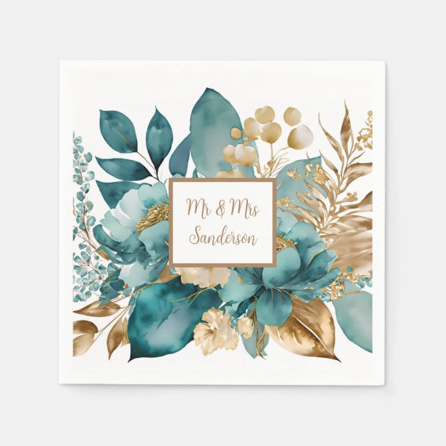Servilleta De Papel Boda floral en azul turquesa y dorado (Anverso)