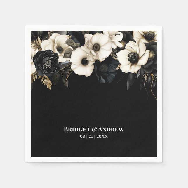 Servilleta De Papel Boda floral en blanco y negro (Anverso)