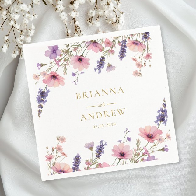 Servilleta De Papel Boda floral específico del cliente (Personalized Customer specific Floral, Pink + Purple  Wedding Napkins with your name and date.)