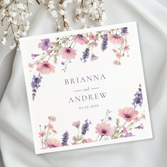 Servilleta De Papel Boda floral específico del cliente (Personalized Customer specific Floral, Pink + Purple  Wedding Napkins with your name and date.)