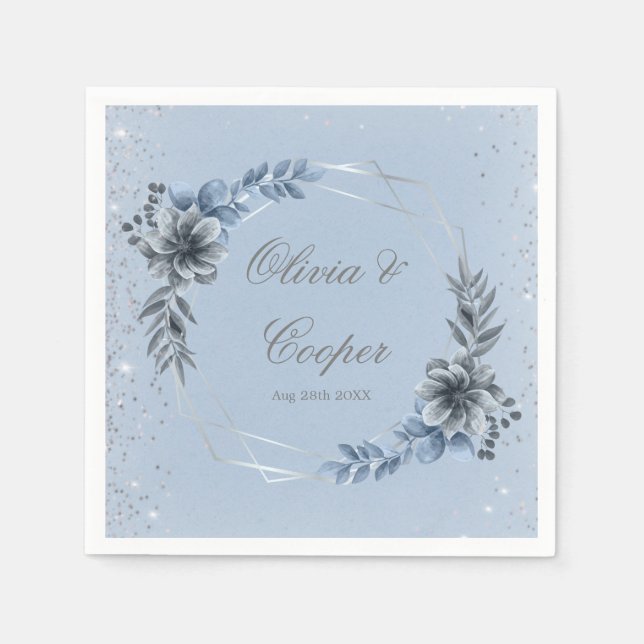 Servilleta De Papel Boda floral geométrica azul y plateado (Anverso)