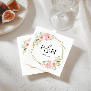 Servilleta De Papel Boda Floral Geométrica Monograma con Hojalata Dora