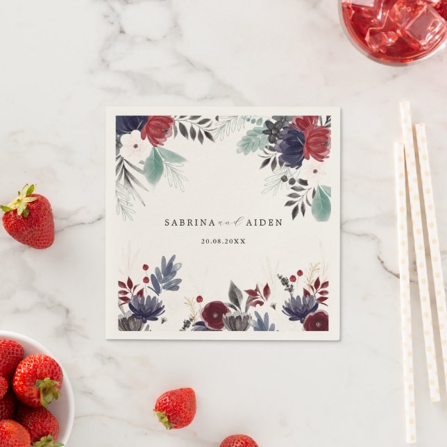 Servilleta De Papel Boda floral gótica azul borgoña de la Marina (In situ)