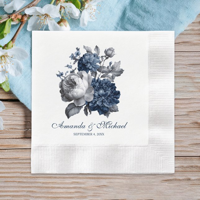 Servilleta De Papel Boda floral gris y azul moderno (Modern Blues & Gray Floral Wedding Napkins)