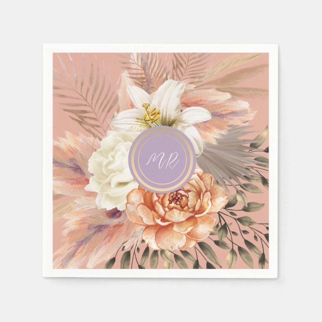 Servilleta De Papel Boda Floral Lila Melocotón (Anverso)