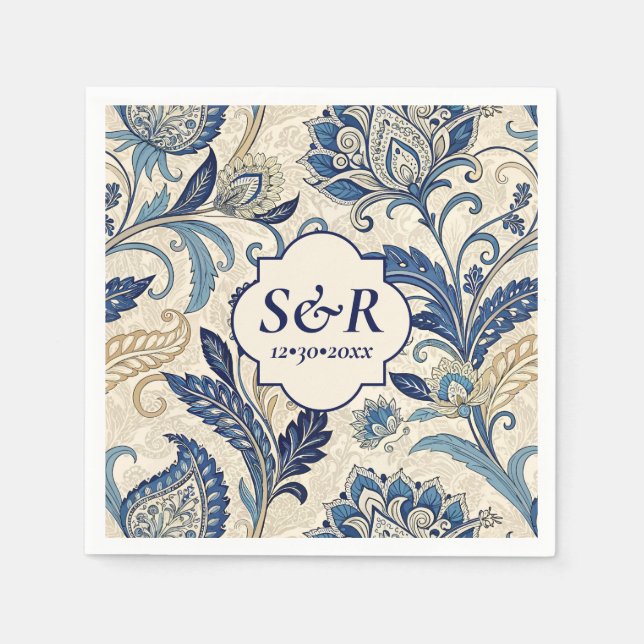 Servilleta De Papel Boda floral Monograma Blue & Cream Damask (Anverso)