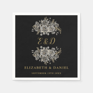 Servilleta De Papel Boda Floral Monograma Goth de Oro Negro
