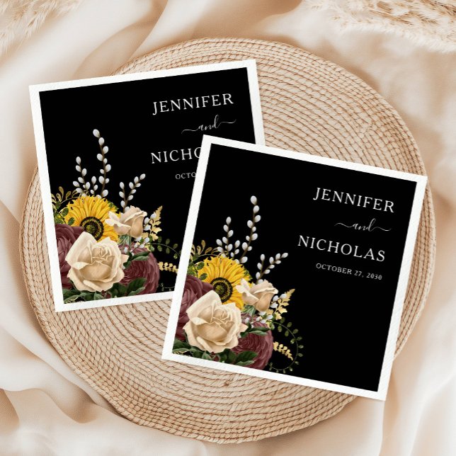 Servilleta De Papel Boda floral negra elegante (Elegant Black Floral Wedding Napkins)