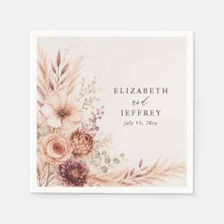 Servilleta De Papel Boda Floral Otoñal de Pampas Burgundy Rústica