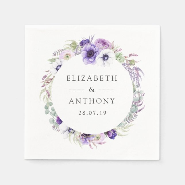 Servilleta De Papel Boda Floral Pastel Violeta Polvorienta (Anverso)