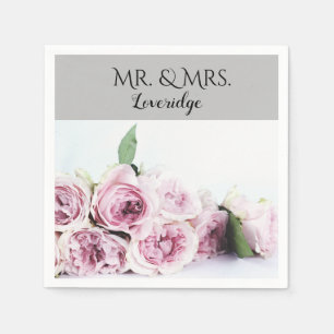 Servilleta De Papel Boda floral personalizada Sr. y Sra. rosa gris