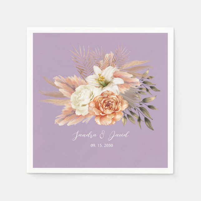 Servilleta De Papel Boda Floral Púrpura de Melocotón (Anverso)
