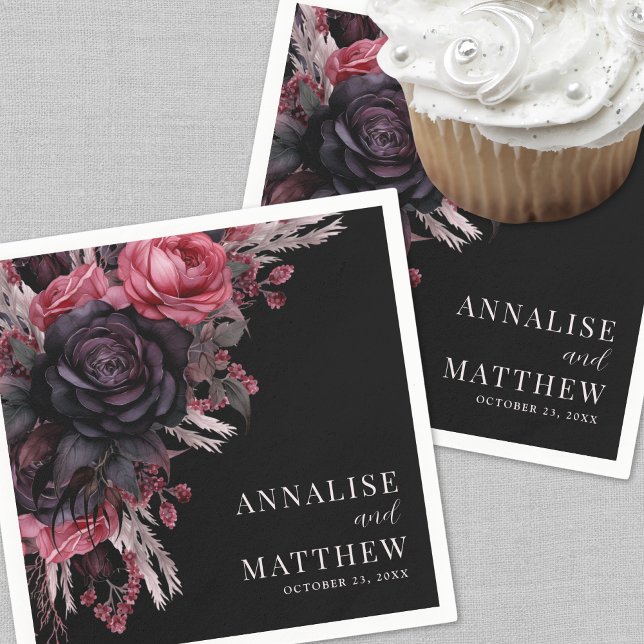 Servilleta De Papel Boda Floral Rojo Negro Gótico (Gothic Red Black Floral Wedding Napkins)