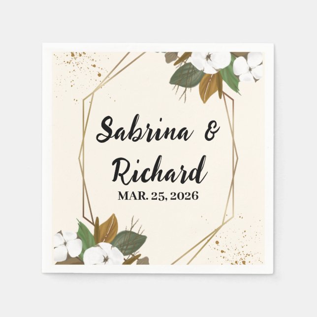 Servilleta De Papel Boda Floral Romántica Marrón Y Crema (Anverso)
