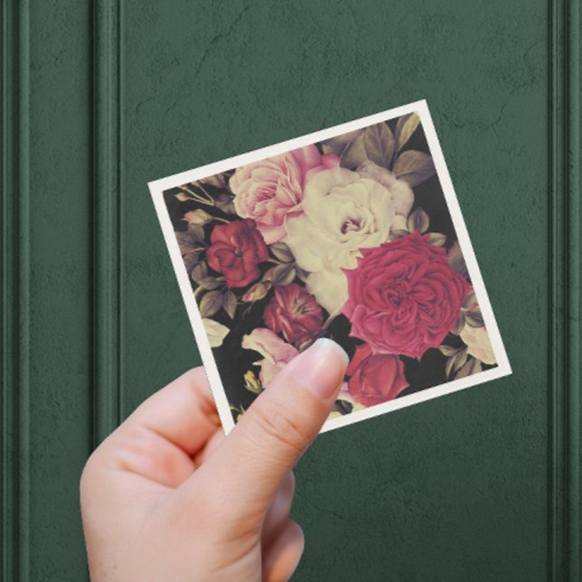 Servilleta De Papel Boda floral romántico negro (This lovely wedding napkin features lush blooms on an elegant black background.)