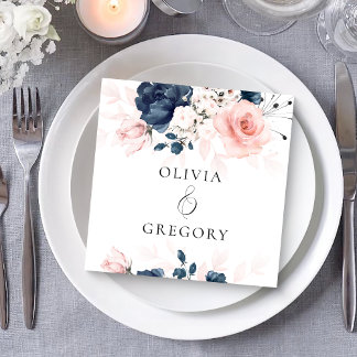 Servilleta De Papel Boda floral rosa azul marino y Rubor