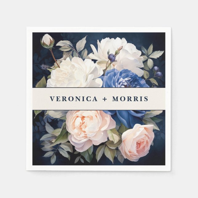 Servilleta De Papel Boda floral rosa azul marino y turbio Rubor (Anverso)