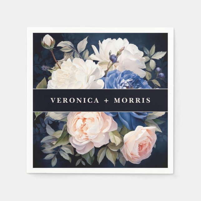 Servilleta De Papel Boda floral rosa azul marino y turbio Rubor (Anverso)